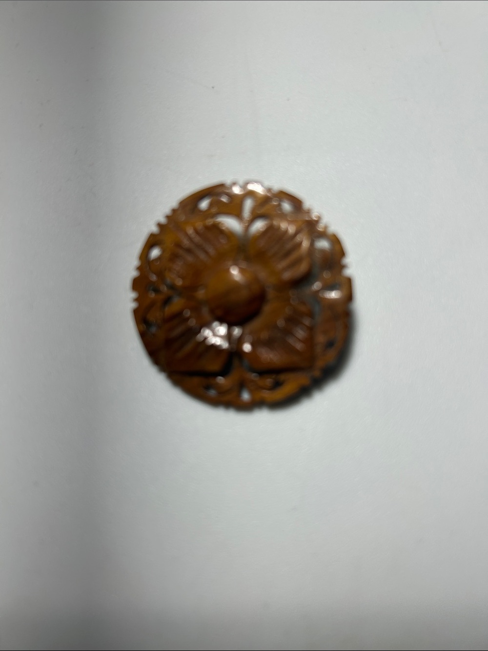 Vintage Carved Floral Round Brooch - Brown